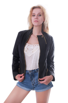 Stylish Vintage Womens Slim PU Leather Zipper Jacket Coat  