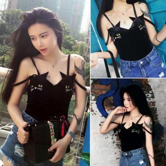 Summer Black Velvet Tank Tops V Neck Sleeveless 2 Strap Women Cat Embroidery Party Short (Black) - intl  