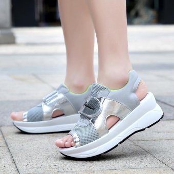 Summer Fish Mouth Korean Muffin with Female Sandals Sandals with Simple Thick All-match Students Shook His Shoes (Grey) - intl  
