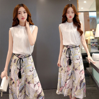 Summer New Korean Female Suit Fashion Ladies Temperament Cotton Shirt Chiffon Printed Wide Leg Pants Sets - Intl  