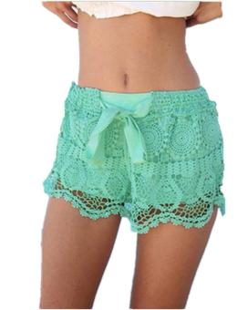 Summer Style Shorts 2017 Fashion Women Casual Lace Drawstring Hollow Out Shorts Solid Beach Hot Shorts Plus Size S(Green) - intl  