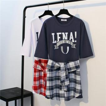 Summer T-shirt Fake Two Pieces of Cotton and Liners Waist Fresh Fresh Bow Tie Students Dress (navy Blue) - intl  