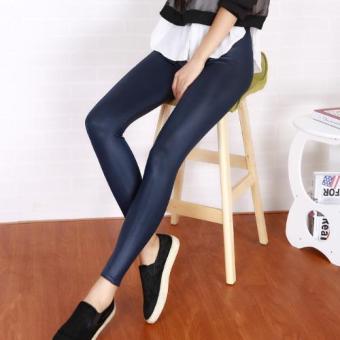 Summer Women Leggings Candy Color Imitation Leather Pants Slim Thin Pencil Nine Pants (Navy Blue) - intl  