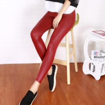Summer Women Leggings Candy Color Imitation Leather Pants Slim Thin Pencil Nine Pants (Wine Red) - intl  