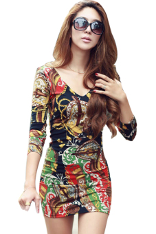 Sunweb Dalam V-Leher Panjang Lengan Baju Mini Dress Flower Print (Aneka Warna)  