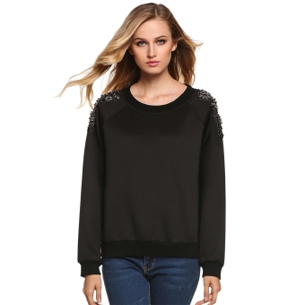 Sunweb Finejo Ladies Casual Hoodie Long Sleeve Beads Deco Loose Pullover Top Sweatshirt ( Black ) - intl  