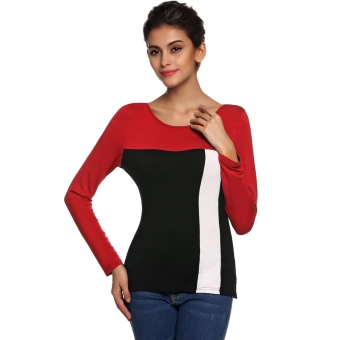 Sunweb FINEJO Stylish Ladies Casual Splicing Contrast Color O-Neck Long Sleeve Slim Top Blouse ( Red ) - intl  