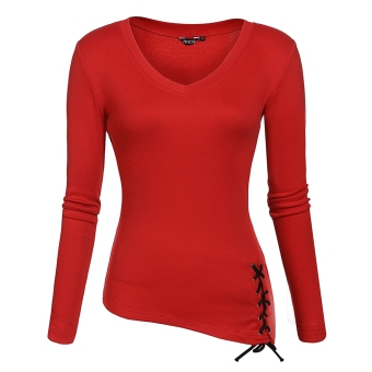 Sunweb Finejo Stylish Ladies Casual Tops V Neck Long Sleeve Slim Solid Lace-Up Hem Blouse ( Red ) - intl  