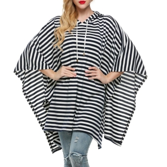 Sunweb Finejo Women Hooded Stripe Pullover Batwing Sleeve Long Sweatshirt Hoodies ( Blue ) - intl  