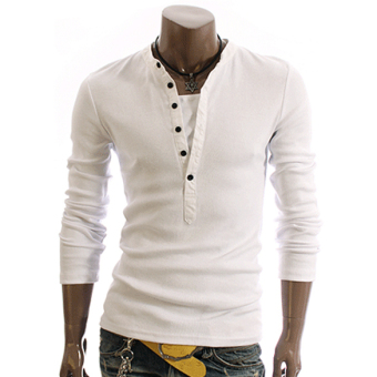 Sunweb Men Casual Autumn Clothing V-neck Long Sleeve T-Shirts Fashion Slim Tops (White)  
