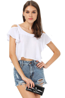 Sunweb New Lady Women's White Off The Shoulder Butterfly Sleeve Irregular Hem Vest Crop Top White  