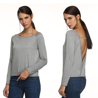 Sunweb New Stylish Ladies Women Casual Long Sleeve Round Neck Backless T-Shirt Blouse ( Gray ) - intl  