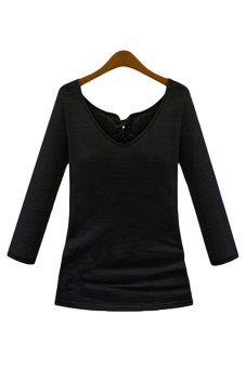 Sunweb Women V-Neck Slim Fit Stretch Long Sleeve Casual T-shirt Tops Blouse Black  