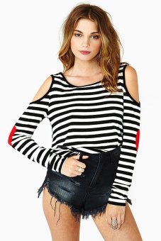 Sunweb Women's Long Sleeve Off-shoulder Striped T-shirt Tops( Black/White)  