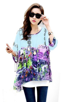 Sunweb Women's Sexy Batwing Sleeve Chiffon Shirt Bohemian Tops Plus Size Blouse Light Blue  