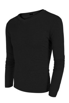 Sunwonder COOFANDY Men Long Sleeve V-Neck Stretch Pure Color Stretch Slim Basic Casual Tops T-shirt ( Black )  