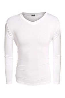 Sunwonder COOFANDY Men Long Sleeve V-Neck Stretch Pure Color Stretch Slim Basic Casual Tops T-shirt ( White )  