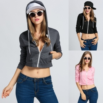 Sunwonder Fashion Women Drawstring Hooded Long Sleeve Zip Up Crop Hoodie Sweatshirt(Black) - intl  