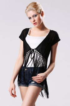 Sunwonder Lady Women's Short Sleeve V-Neck Tassel Lace Splicing Blouse Shirt (Black) - intl  