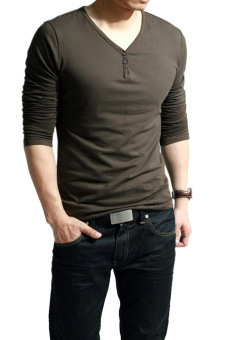 Sunwonder V-Neck Men's Long Sleeve Casual T-Shirt Tops ( Coffee )  