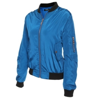 Sunwonder Women Casual Biker Jacket Zip-Up Solid Short Slim Fit Bomber Jacket(Blue) - intl  