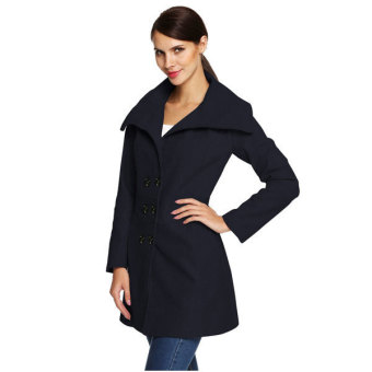 SuperCart ACEVOG Women Fashion Slim Casual Envelope Collar Double Breasted Wool Blend Trench Coat(Navy Blue)   