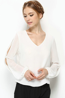 SuperCart Casual Loose V Neck Long Split Sleeve Solid Irregular Tops Chiffon Blouse (White)   