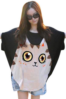 SuperCart Casual Women Loose Big Size Bat Sleeve T-shirt Cat Pattern Tops (Black)   