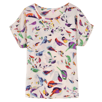 SuperCart Colorful Women Birds Chiffon Short Sleeve Loose Blouse T-Shirt Tops ( Beige ) - intl  