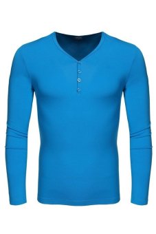 SuperCart COOFANDY Men Casual V-Neck Long Sleeve Pure Color Cotton Slim Basic Tee Leisure Tops T-shirt ( Blue )   