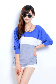 SuperCart Fashion Women's Casual Long Sleeve O-neck T-shirt Casual Patchwork Tops (Blue)   