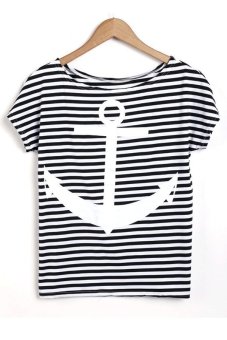 SuperCart Ladies Women Short Sleeve Print Striped Loose Casual T-shirt Blouse(White)   