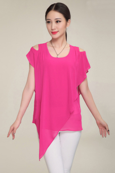 SuperCart Lady Women Casual Loose Chiffon Round Neck Short Sleeve Ruffle Solid Irregular Tops Blouse (Pink? - intl  