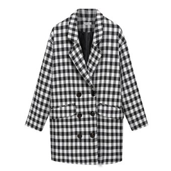 SuperCart Meaneor Stylish Women Long Coat Double Breasted Long Sleeve Pockets Plaid Outwear Top Overcoat ( Black )    