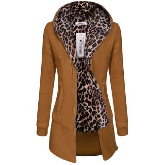 SuperCart Meaneor Women Hooded Fleece Leopard Pattern Zip Long Outwear Hooded Jacket ( Brown )    