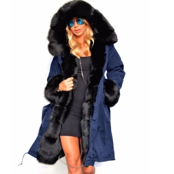 Supercart New Fashion Women Faux Fur Coat Casual Hooded Parka Long Jacket Outwear(Navy Blue) - intl  