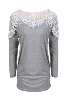 SuperCart Stylish Autumn Winter Women Casual Long Sleeve Round Neck Lace Splicing Patchwork Top Blouse ( Grey )   