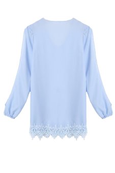 SuperCart Stylish Women Sweet Sleeve Split Lace Floral Patchwork Tops Casual Blouse (Blue)   