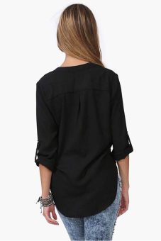 SuperCart V-Neck Long Sleeve Asymmetric Hem Casual Loose Chiffon Tops Blouse (Black)   