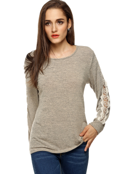 SuperCart Women Casual Long Lace Sleeve Loose T-shirt (Beige)   