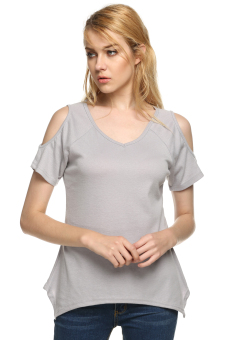 SuperCart Women Casual Off Shoulder Short Sleeve T-shirt (Grey)   