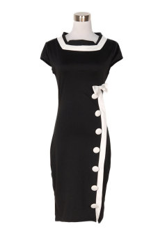 SuperCart Women Casual Slim Elegant Patchwork Vintage Style Single Breasted Dress (Black) (Intl) - intl  