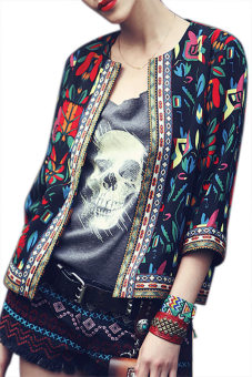 SuperCart Women Flower Print Three Quarter Zipper Short Jacket (Black)  