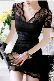 SuperCart Women V-neck Short Sleeve Lace Bodycon Stretch Casual Mini Dress (Black) (Intl) - intl  