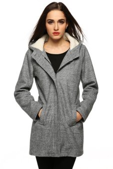 SuperCart Women Warm Hooded Long Sleeve Zipper Long Wool Blend Coat Outwear (Grey)    