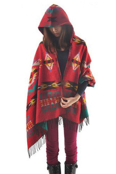 SuperCart Women Wool Blend Ethnic Print Blanket Cloak Poncho Cape (Red)  