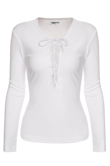 SuperCart Zeagoo Women's Lace Up Deep V Neck Long Sleeve Top Blouse ( White )   
