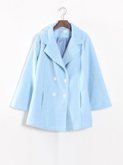 Sweet Color Notched Collar Double Breasted Loose Coat Blue  