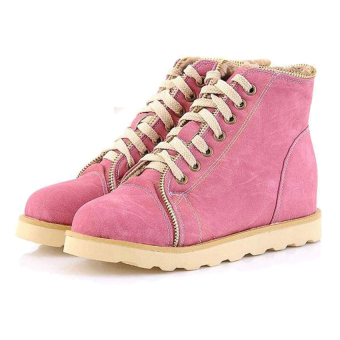 Synthetic Leather Lace Up Fur Warm Ladies Ankle Boots Flat Shoes Winter Snow (Pink) - Intl - Intl  