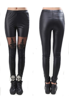 Synthetic Leather Stitching Embroidery Lace Leggings Black (EXPORT)  